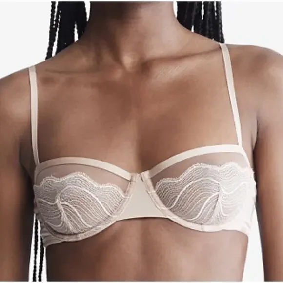 Calvin Klein Lace Balconette Bra Nude Sheer Unlined Underwire 32D NWT - Picture 1 of 8